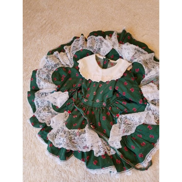 Lilo Childrens Dress Holiday Christmas Vintage Green Red Lace Ruffles 3T FLAWS - Picture 2 of 12